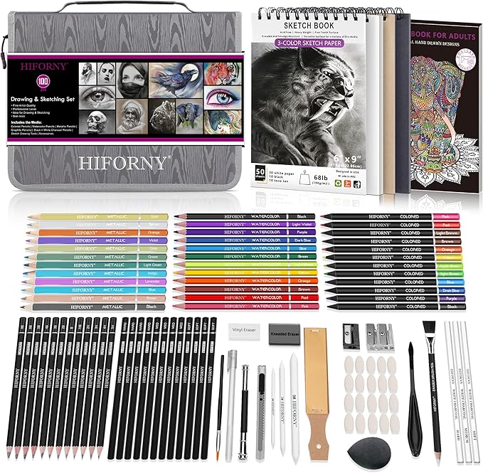 HIFORNY 100 PCS Drawing & Sketching Set, Professional Art Supplies with Graphite,Charcoal, Colored,Watercolor,Metallic Pencils,Blending Tools,Sketchbook and Coloring Book in Zipper Case (Grey)