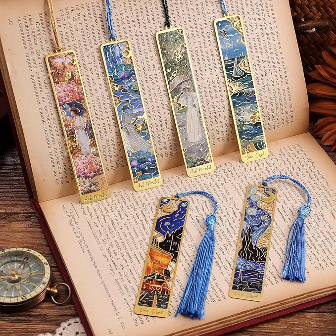 12 Pieces Metal Bookmarks with Tassel, Golden Hollow Bookmark Oil Painting Theme Girl Book Mark Bookmarks for Book Lovers Writers Readers Children Teens Men Women Adults