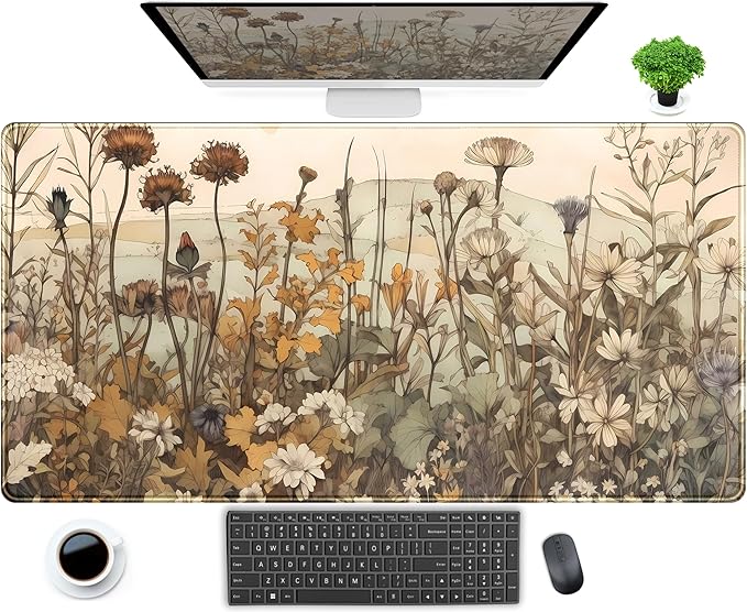 Pastel Wildflower Botanical Floral Desk Mat XXL Large Gaming Mouse Pad, Cute Nature Plant Flower Desk Pad Computer Mat 31.5x15.75 in, Laptop Keyboard and Mouse Mat Desktop Decor for Women