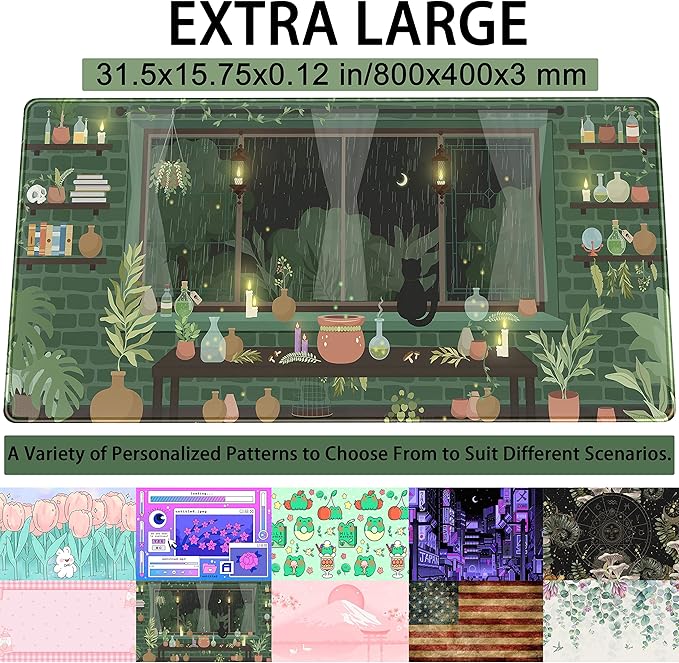 Cute Rainy Night Desk Mat Green Plants Desk Pad, Anime Black Cat Kawaii Large Gaming Mouse Pad, Moonlight Fireflies Deskmat Aesthetic Mousepad XXL, Laptop Keyboard Pad for Women Desk 31.5"x15.75"