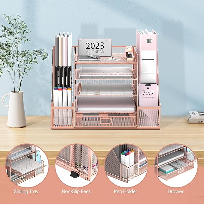SUPEASY Mesh Desk Organizer with File Holder, 5-Tier Paper Letter Tray Organizer with Magazine Holder, Desktop Organizer and Storage with Drawer for Office Supplies Home or School, Rose Gold