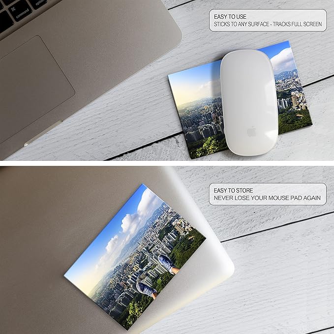 Mouse Pad Travel Size with Adhesive Bottom, Mini Mouse Pad Sticks to Any Surface, Plus Webcam or Camera Privacy Tab Covers and Screen Cleaner (View Point City)