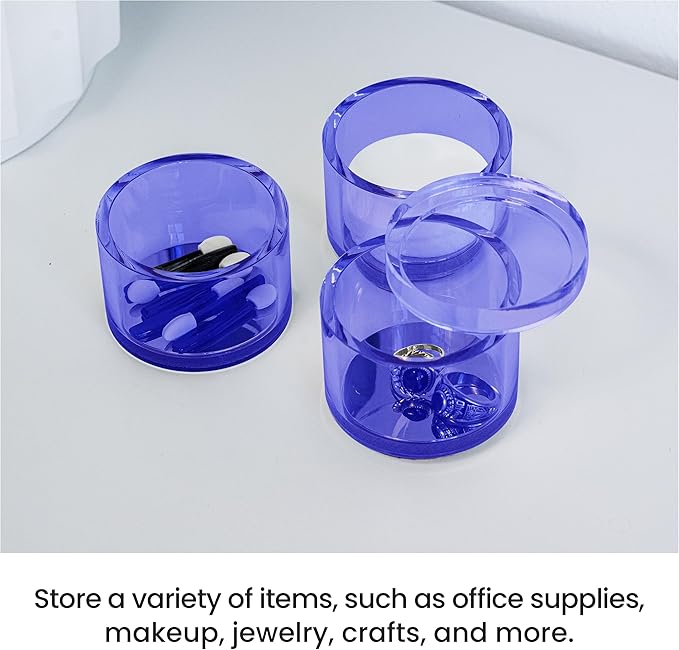 OfficeGoods 3-Tier Stackable Acrylic Holder- Stylish Desk Organizer and Storage for Office or Home – Transparent Round Design, Blue with Silver Metal Base