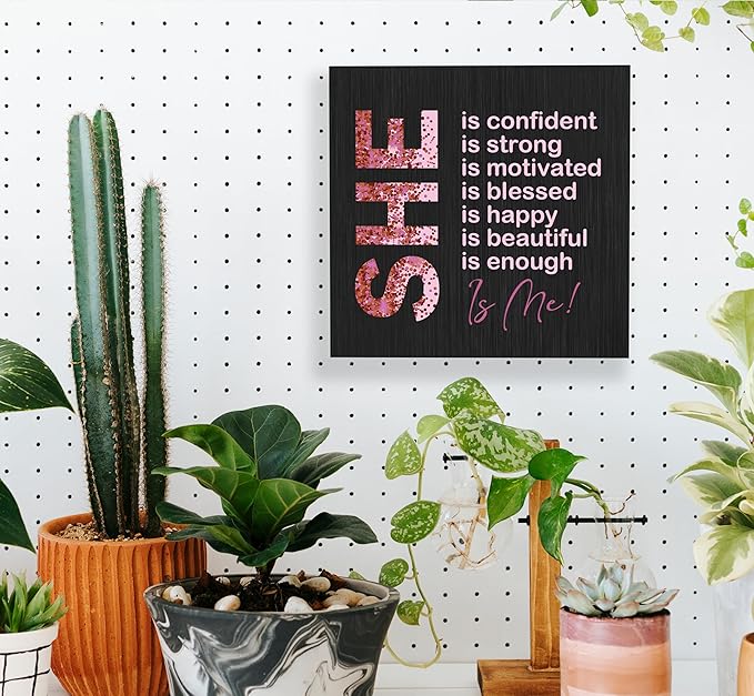 SRADMO Inspirational Woman Affirmation Wood Box Sign, Feminist Gifts, Female Women Empowerment Gifts, Motivational Positive Wooden Block Box Sign Decoration for Home Shelf Table Decor(Black), 8x8 Inch