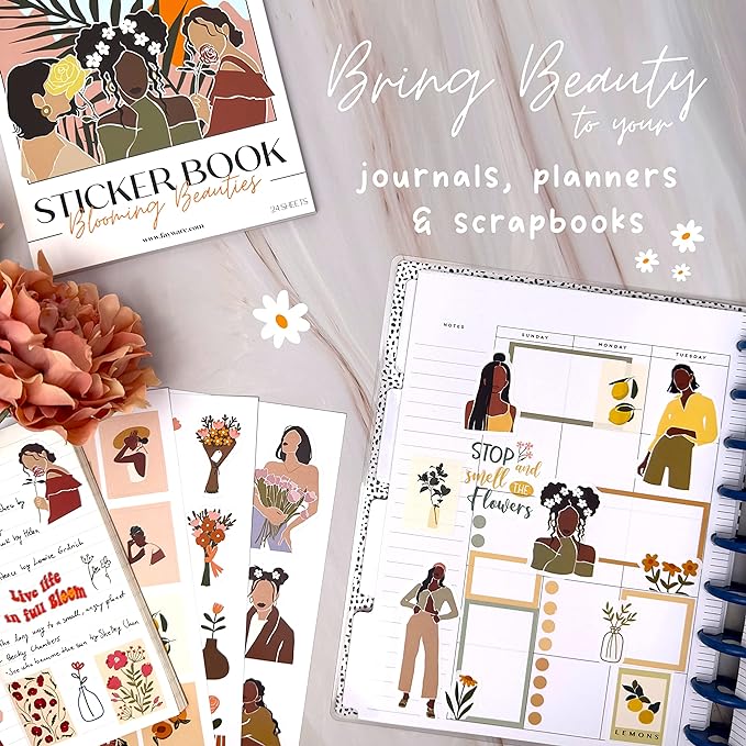 People Scrapbook Sticker Set - 318 Journaling Scrapbooking Stickers. Planner Sticker Dolls with Diverse Girls & Black Women, Flowers, and Quotes