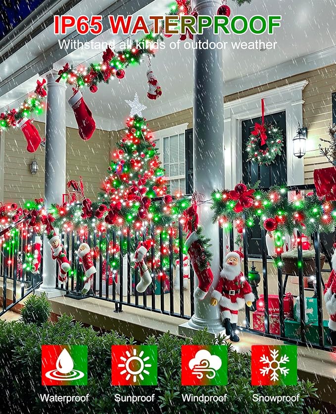157FT 480 LED Christmas Lights Outdoor, Plug in Christmas Tree Lights Waterproof, 8 Modes Green Wire Twinkle String Light for Indoor Room House Patio Tree Holiday Decorations, Red Green