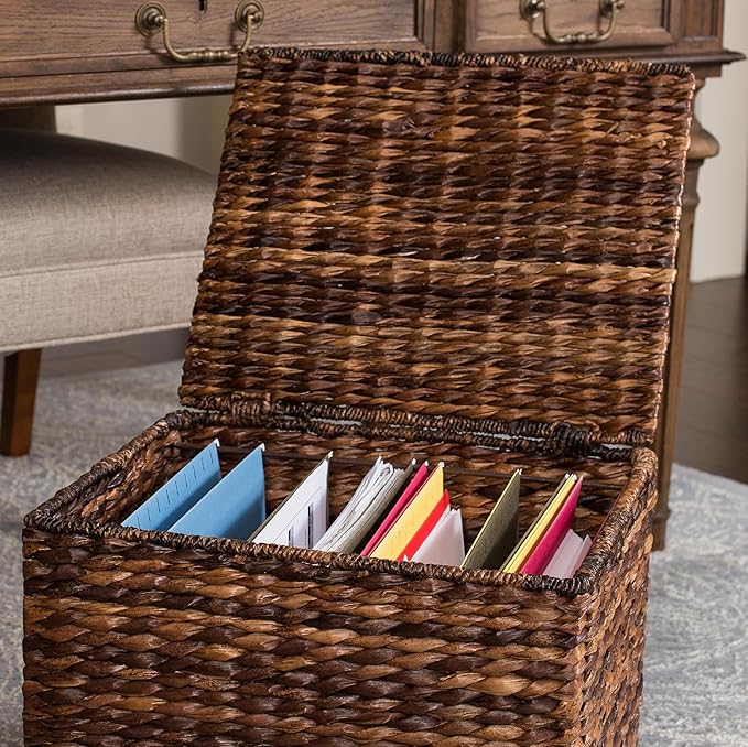 BIRDROCK HOME Seagrass Rolling File Cabinet - Storage Organizer Box with Lid - Home Office Decor - Decorative Organize - Letter Legal Hanging Filing Container - Strong Durable Toy Pillow - Espresso