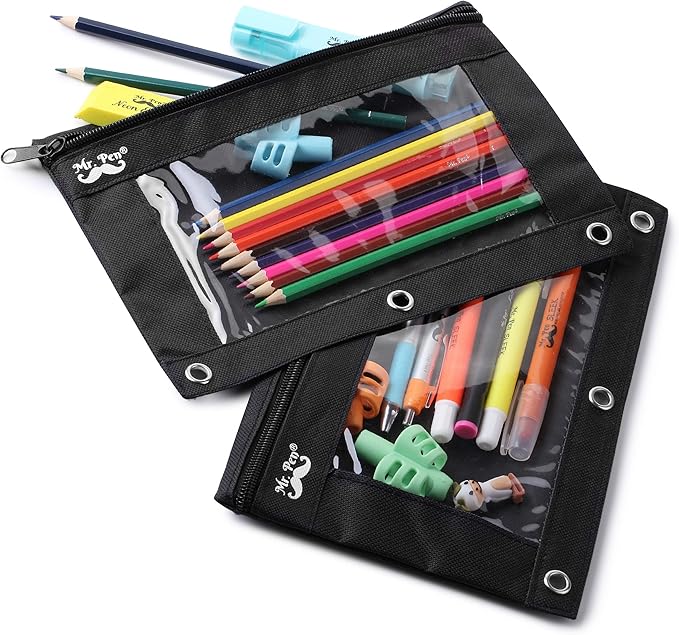 Mr. Pen Fabric Pencil Pouch with 3 Binder Holes, Black, Set of 2