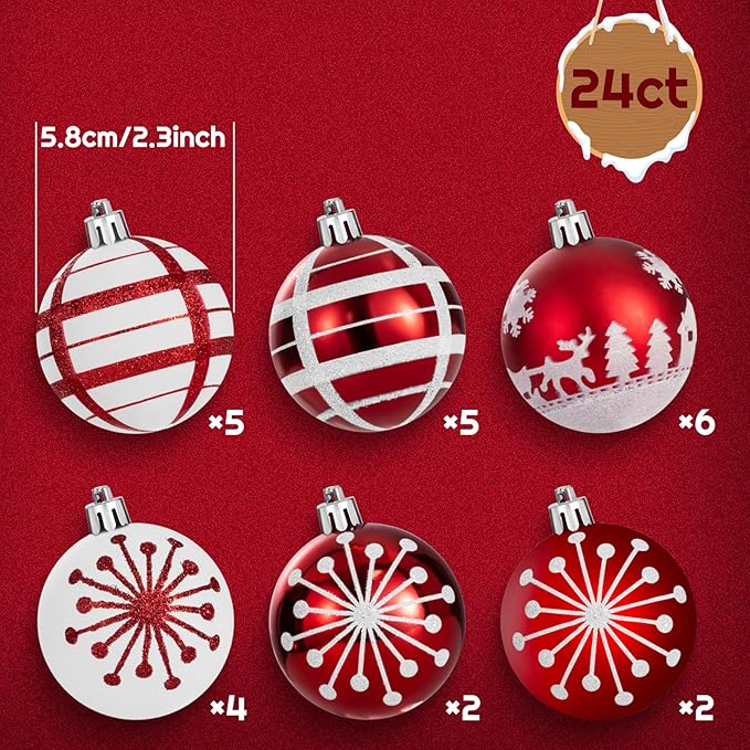 24PCS Christmas Ball Ornaments Set Xmas Tree Decoration Balls 2025 Shatterproof Hanging Colored for Party Wedding Home Party Outdoor Indoor White & Red