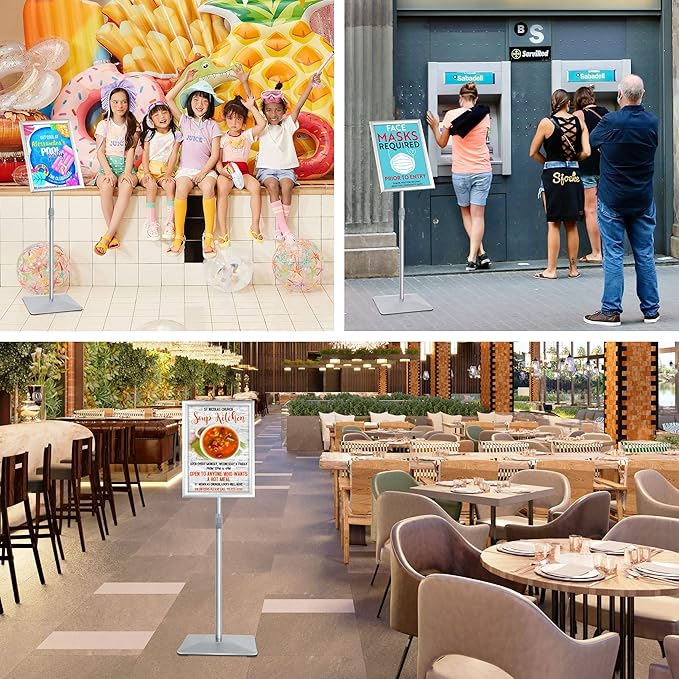 11"x17" Pedestal Poster Stand with Heavy Duty Solid Steel Base, Adjustable Floor Standing Sign Holder for Vertical and Horizontal Display, Silver 3Pack