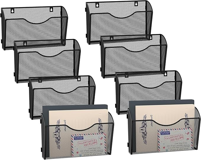 DALTACK 8 Pockets Mesh Wall File Organizer, Hanging File Organizer Vertical Wall Mount File Holder, Metal Wall File Pocket Document Magazine Rack for Office Home, Black