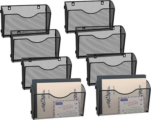 DALTACK 8 Pockets Mesh Wall File Organizer, Hanging File Organizer Vertical Wall Mount File Holder, Metal Wall File Pocket Document Magazine Rack for Office Home, Black