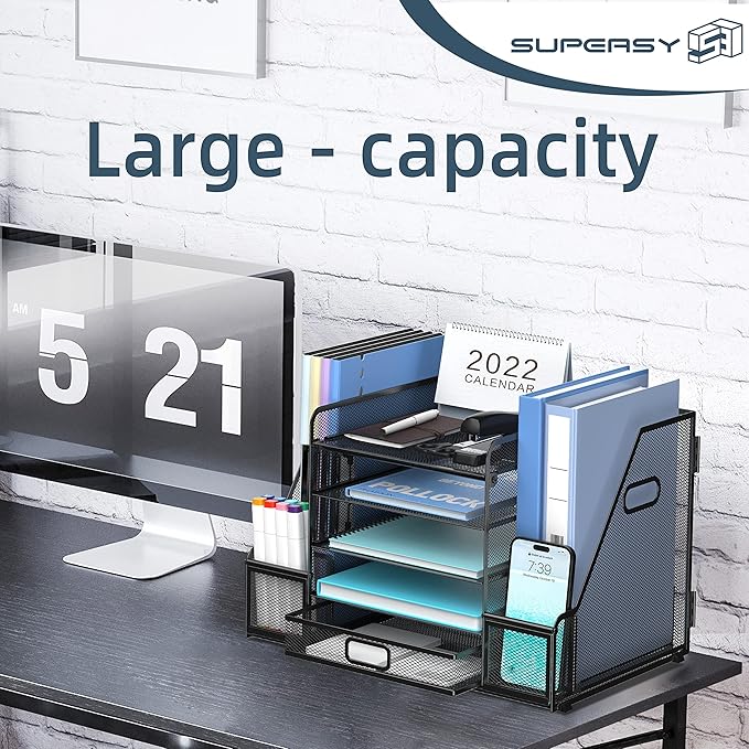 SUPEASY Mesh Desk Organizer with File Holder, 5-Tier Paper Letter Tray Organizer with Magazine Holder, Desktop Organizer and Storage with Drawer for Office Supplies Home or School, Black