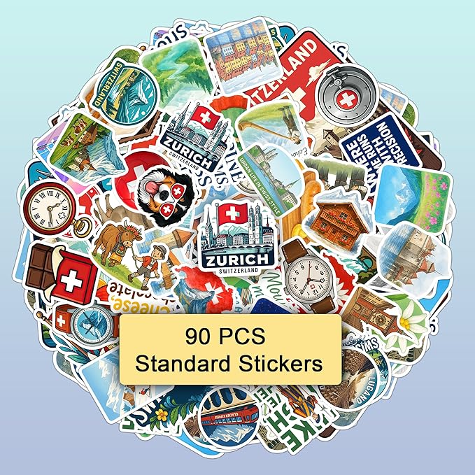 100 PCS Switzerland Stickers Pack, Vinyl Waterproof Decals of Zurich Alps Matterhorn Swiss Flag Cheese Chocolate Travel Souvenirs, Gift for Kids Teens Adults Scrapbook Laptop Water Bottle Car