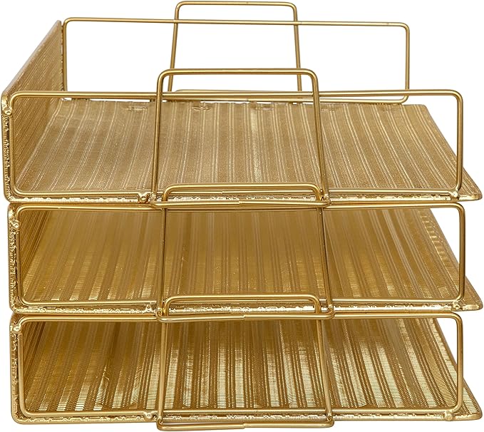 Martha Stewart Ryder 3 Tier Desk Letter Tray Organizer, Stackable Steel Mesh Inbox Tray for Files, Papers, or Letters, Gold