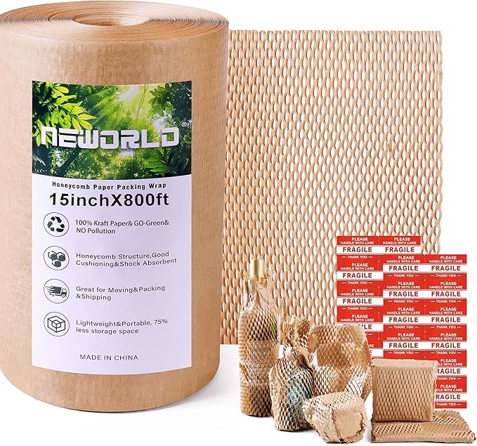 Neworld Honeycomb Packing Paper,15" x 800' Eco Friendly Bubble Cushioning Wrap for Moving,Products & Gifts Wrapping Paper,Recyclable Cushioning Packing Material With 20 Fragile Sticker Labels