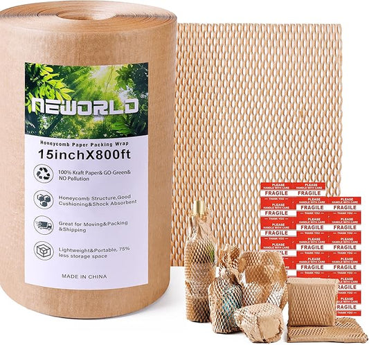 Neworld Honeycomb Packing Paper,15" x 800' Eco Friendly Bubble Cushioning Wrap for Moving,Products & Gifts Wrapping Paper,Recyclable Cushioning Packing Material With 20 Fragile Sticker Labels