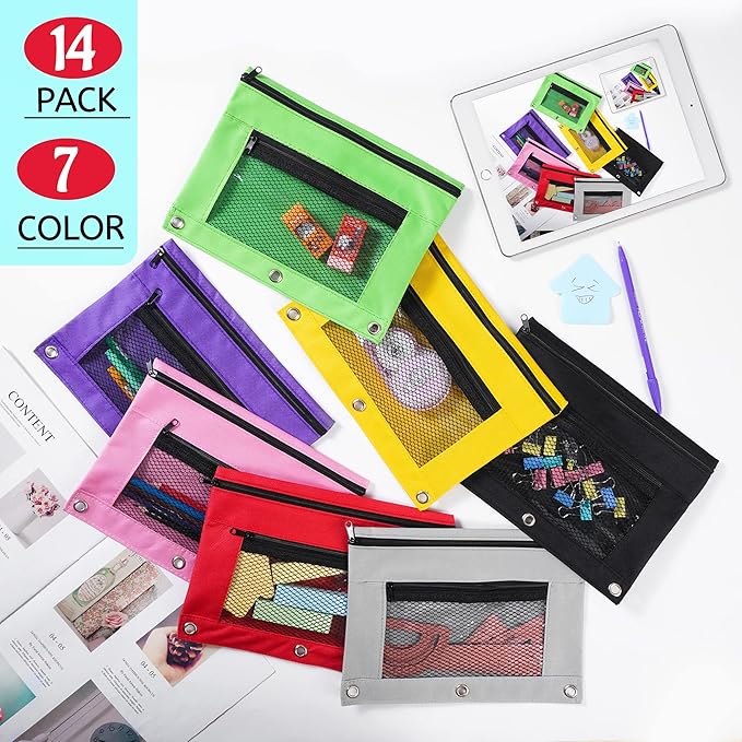 CHEPULA 14 Pack 3 Rings Binder Pencil Pouch, 2 Layer Pencil Case with Zipper and Mesh Window, Wear-resistant Oxford Fabric, Small Cosmetic Bag Pen Case for Home Office