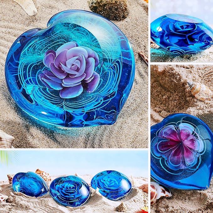 Hand Blown Glass Heart Flower Paperweight for Office Desk,Home Decor Collectible.