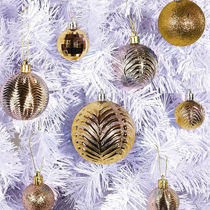 Prextex 36pc Shatterproof Christmas Ornaments Set - Gold Christmas Tree Decorations in 3 Sizes and 6 Styles - Hanging Balls with Loops in Matte, Shiny, and Glitter Finishes for Indoor-Outdoor Display