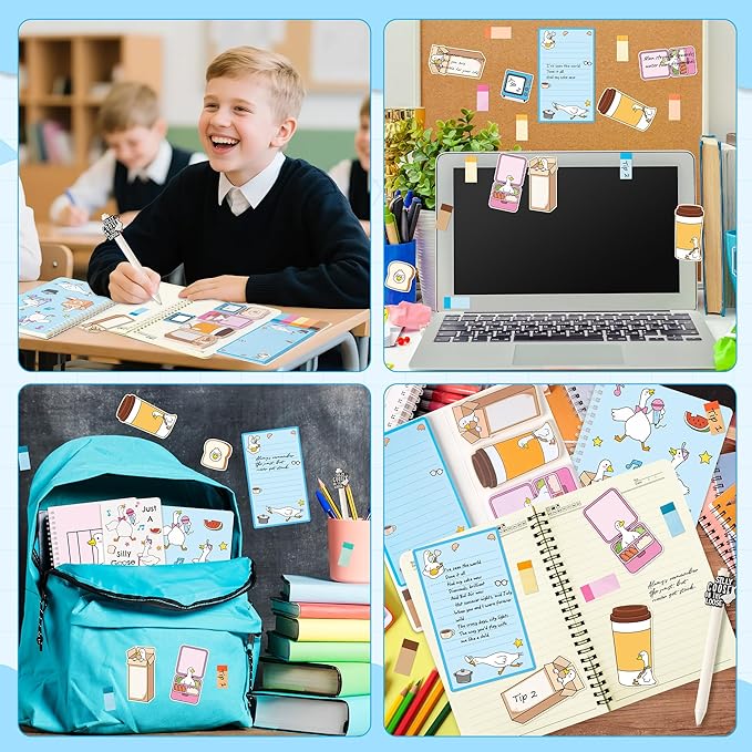 B1ykin Stationery Gift Set - 3Pcs Notebook Sticky Notes, A5 Spiral Notebooks & 550 Sheets Cute Sticky Notes with Pens Kit for Office School Teacher Thanksgiving Supplies (Funny Goose)