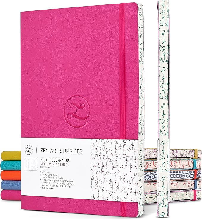 Cute Large B5 Dot Journal - Enjoy Bullet Journaling with a Soft Cover 7x10-inch, Non-Bleed Thick 120gsm Paper, Dotted Journal in Pink, Japanese Edge Motif, Faux Leather Lay Flat Dot Notebook - ZenART