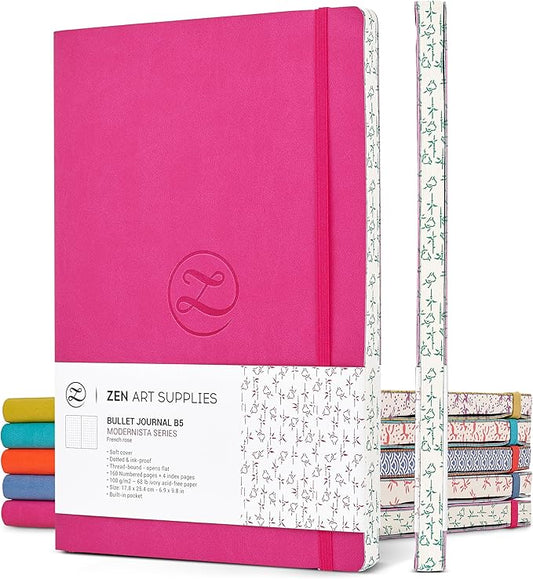 Cute Large B5 Dot Journal - Enjoy Bullet Journaling with a Soft Cover 7x10-inch, Non-Bleed Thick 120gsm Paper, Dotted Journal in Pink, Japanese Edge Motif, Faux Leather Lay Flat Dot Notebook - ZenART
