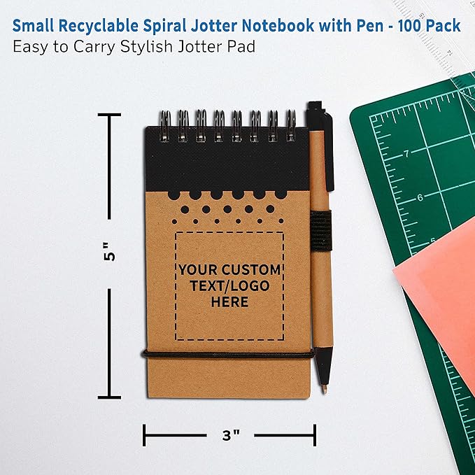 DISCOUNT PROMOS 100 Recyclable Spiral Small Notebooks Pack - Customizable Text, Logo - 60 Lined Pages - Black