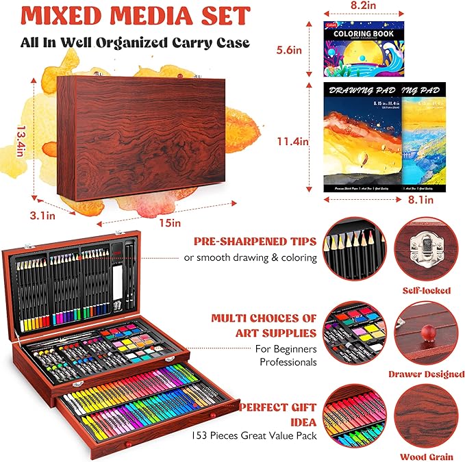 Caliart Art Supplies, 153-Pack Deluxe Art Set in Wooden Case, Crafts Drawing Painting Kits with 2 A4 Sketch Pads, Coloring Book, Christmas Birthday Gifts for Teens Girls Boys Kids Adults Artists