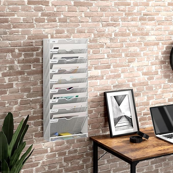 10 Tier Hanging Wall File Holder, Metal A4 Wall Mounted Document Holder, Vertical Hanging Mail Organizer, Magazine Storage Rack with Tray for Office Home Classroom, White