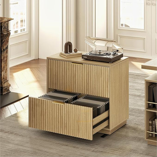 2 Drawer Fluted File Cabinet, 32'' Lateral File Cabinet for Legal/Letter/A4/F4 Size Hanging Files, Wood File Storage for Home Office, Light Walnut