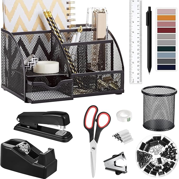 Black Office Desk Accessories Supplies, 12pcs Desk Organizers and Accessories with Tape dispenser and Stapler,Staples,Staple Remover,Pen Holder,Scissor,Ruler,Sticky Tabs,Tape,Ballpoint Pen,Clips Set