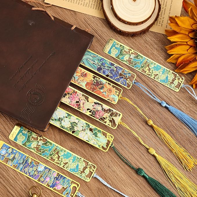 6 Pieces Metal Bookmarks with Tassel, Golden Hollow Bookmark Oil Painting Theme Book Mark Bookmarks for Book Lovers Writers Readers Children Teens Men Women Adults
