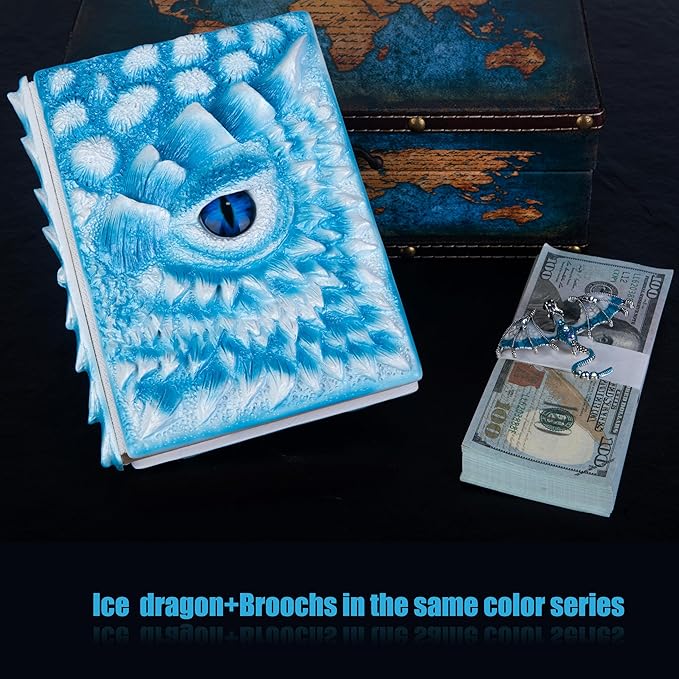 3D Dragon Eye Embossed Journal,Resin Engraving Notebook,Dnd notebook for Dragon Lovers ，Blank Paper,Hardcover Travel Notepad for Writing,Sketchbook,Collection,Gift,Decoration A4 and A5 Size (A5-Ice dragon with brooch)