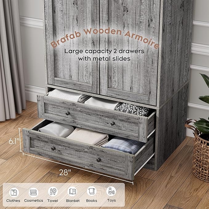 Brafab Armoire Wardrobe Closet with 2 Modern Doors, 71" Tall Freestanding Closet Wardrobe Cabinet with Drawers and Hanging Rail, Light Wooden Storage Cabinet with Shelve for Bedroom (Grey, 4 Doors)