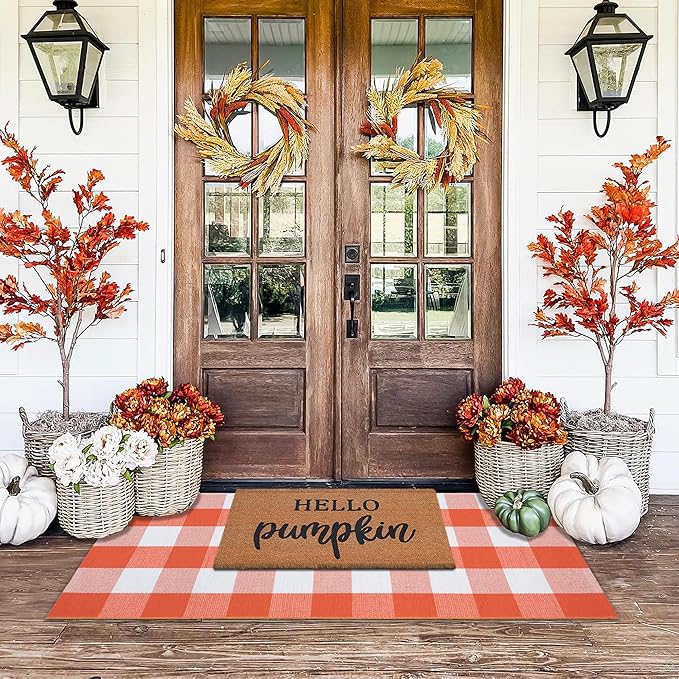 Orange and White Plaid Rug, 24'' x 51'' Fall Front Door Decor Mat, Cotton Washable Hand-Woven Door mat for Layered Doormat, Autumn Halloween Thanksgiving Carpet for Porch, Entryway