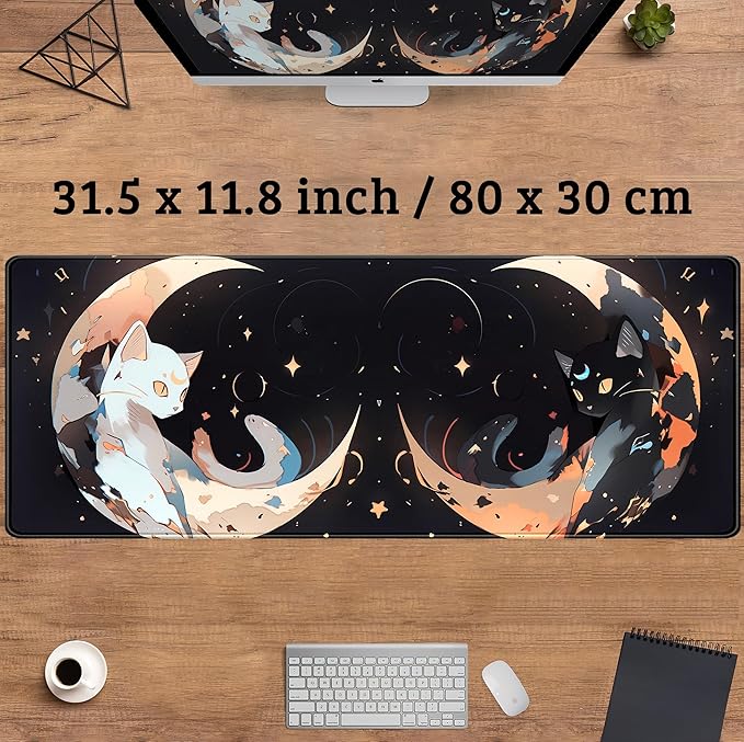 Cute Black White Cats Desk Mat Anime Cat Mouse Pad Kawaii Moon Desk Pad XL Large Extended Mousepad Desk Matt for Desktop, Computer Keyboard Mouse Mat for Women Office Decor Accessories 31.5x11.8 in