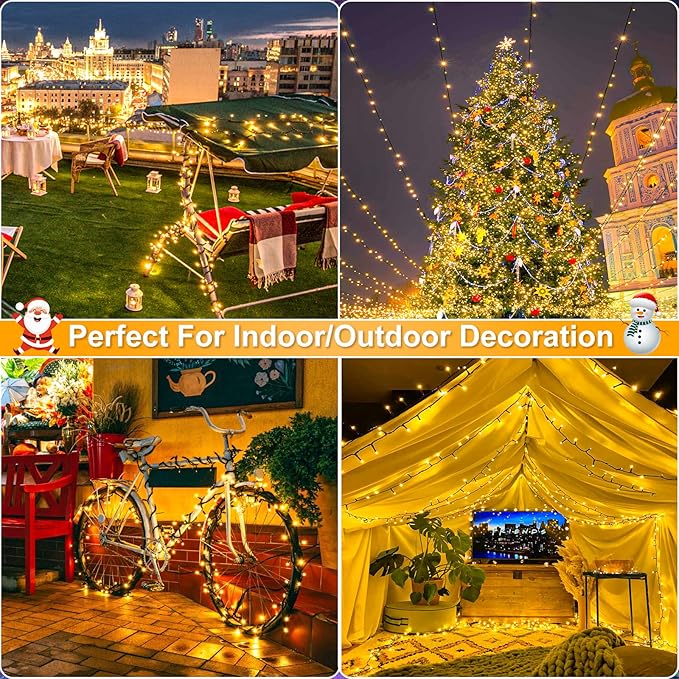 100FT 300 LED Christmas Lights Outdoor, Warm White Christmas Tree Lights with 8 Modes Waterproof, Connectable Green Wire String Lights Indoor for Patio Garden Xmas Party Decorations