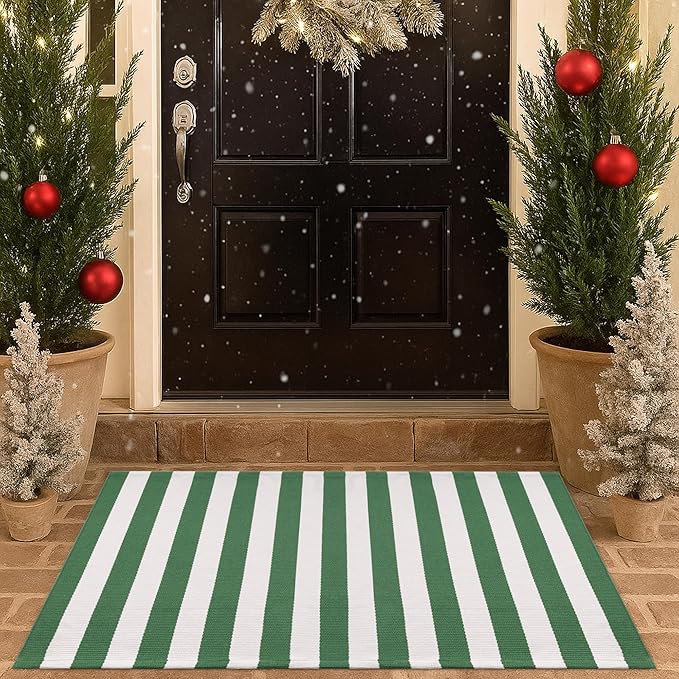 Christmas Green & White Striped Rug - 28 x 43 Inches Outdoor Front Door Decor Mat Cotton Washable Hand-Woven Rug Christmas New Year Holiday Porch Entryway Layered Doormat