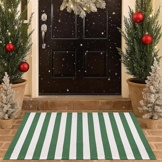 Christmas Green & White Striped Rug - 28 x 43 Inches Outdoor Front Door Decor Mat Cotton Washable Hand-Woven Rug Christmas New Year Holiday Porch Entryway Layered Doormat