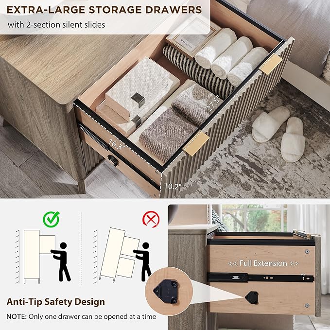 T4TREAM 2 Drawer File Cabinet, 31.8" W Fluted Lateral File Cabinet w/Files Hanging Rod for Letter/Legal/A4, Large Tabletop for Printer, Office Wood Printer Cabinets, Alder Grey (Gen 2)