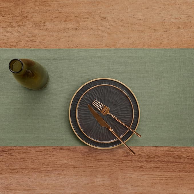 Solino Home Linen Oil Green Table Runner 120 Inches Long - 100% Pure Linen 14 x 120 Inch Table Runner for Fall, Autumn, Thanksgiving - Fete