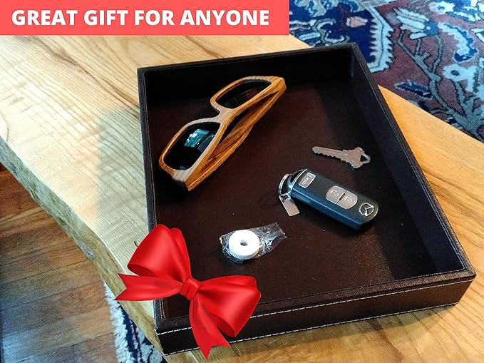 Valet Tray, Desk Tray, Nightstand Organizer for Men, Brown PU Leather, 10.3 x 8.3 x 1.6 inches