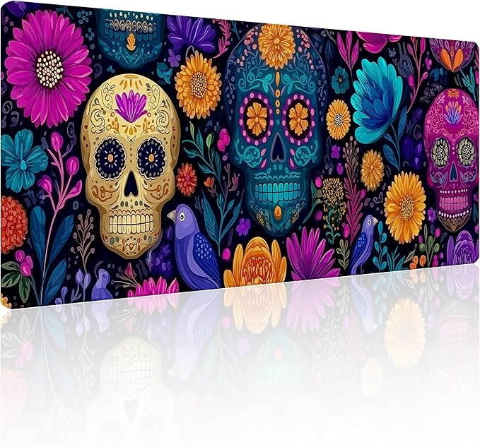 31.5”x11.8”Large Gaming Mouse Pad for Desk, Mouse Mat with Seamed Edges, Waterproof Desk Pad, Non-Slip Rubber Base, Keyboard Pad Computer Mat, Big XL Mousepad-Skull Flower