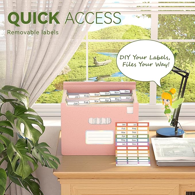 Accordion File Organizer, 13 Pockets Wheat Straw Expanding File Folder, Portable Monthly Paper Bill Tax Receipt Organizer, Letter A4 Size Document Holder with Colorful Tab - Strawberry Pink