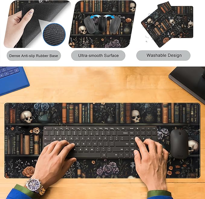 Dark Bookshelf Desk Pad Gothic Gaming Mouse Mat XL, Black Large Computer Keyboard Mat Mystery Flowers Desk Mat, Cool Mouse Pad Full Desktop Mat, Vintage Desk Decor Accessories 31.5" x 11.8"