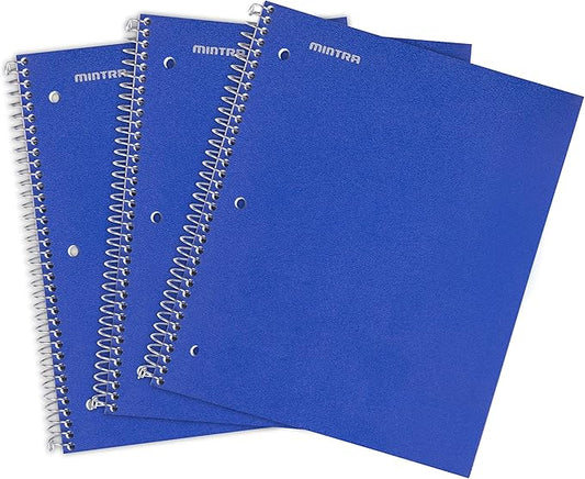 Mintra Office Durable Spiral Notebooks, 1 Subject, (Blue, Wide Ruled 3 Pack), 100 Sheets, Poly Pocket, Moisture Resistant Cover, Strong Chipboard back, For School, Office, Business