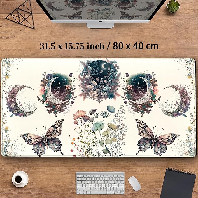 Beige Flowers Desk Mat Mousepad Cute Boho Plants Large Extended Gaming Mouse Pad XXL 31.5x15.75 in, Aesthetics Floar Butterfly Moon Laptop Keyboard and Mouse Mat for Women Office Gamer Girl Decor