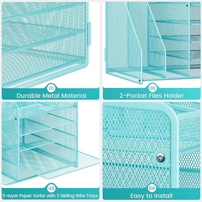 Lavatino 5-Tier Desk Organizer with 2 File Holders, Metal Adjustable Paper Letter Tray for Office or Home Desk Organizers and Accessories | 7 Flexible Dividers Keep Workspace Supplies Neat, Blue