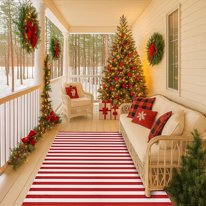 Christmas Red & White Striped Rug - 4' x 6' Outdoor Front Door Decor Mat Cotton Washable Hand-Woven Rug Christmas New Year Holiday Porch Entryway Layered Doormat